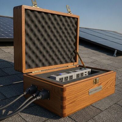 Holzgehäuse plus Schaumstoff inklusive optionaler PowerCon-Steckdosenleiste für den Stromzugang auf dem Hausdach und die Integration elektrischer Geräte